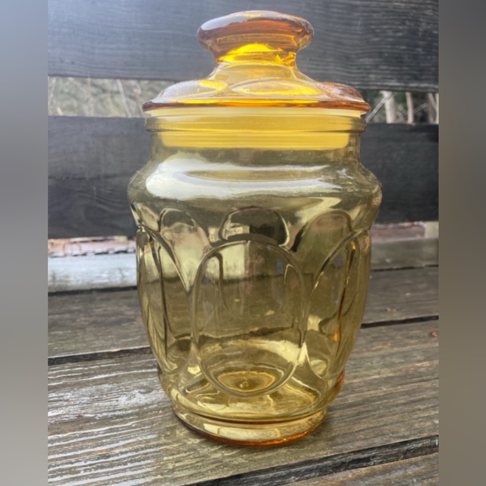 Vintage Golden Yellow Amber Glass Lidded Jar!